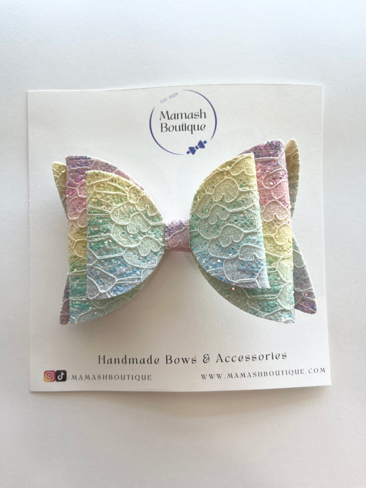 Pastel Glittery Rainbow Laced Bow