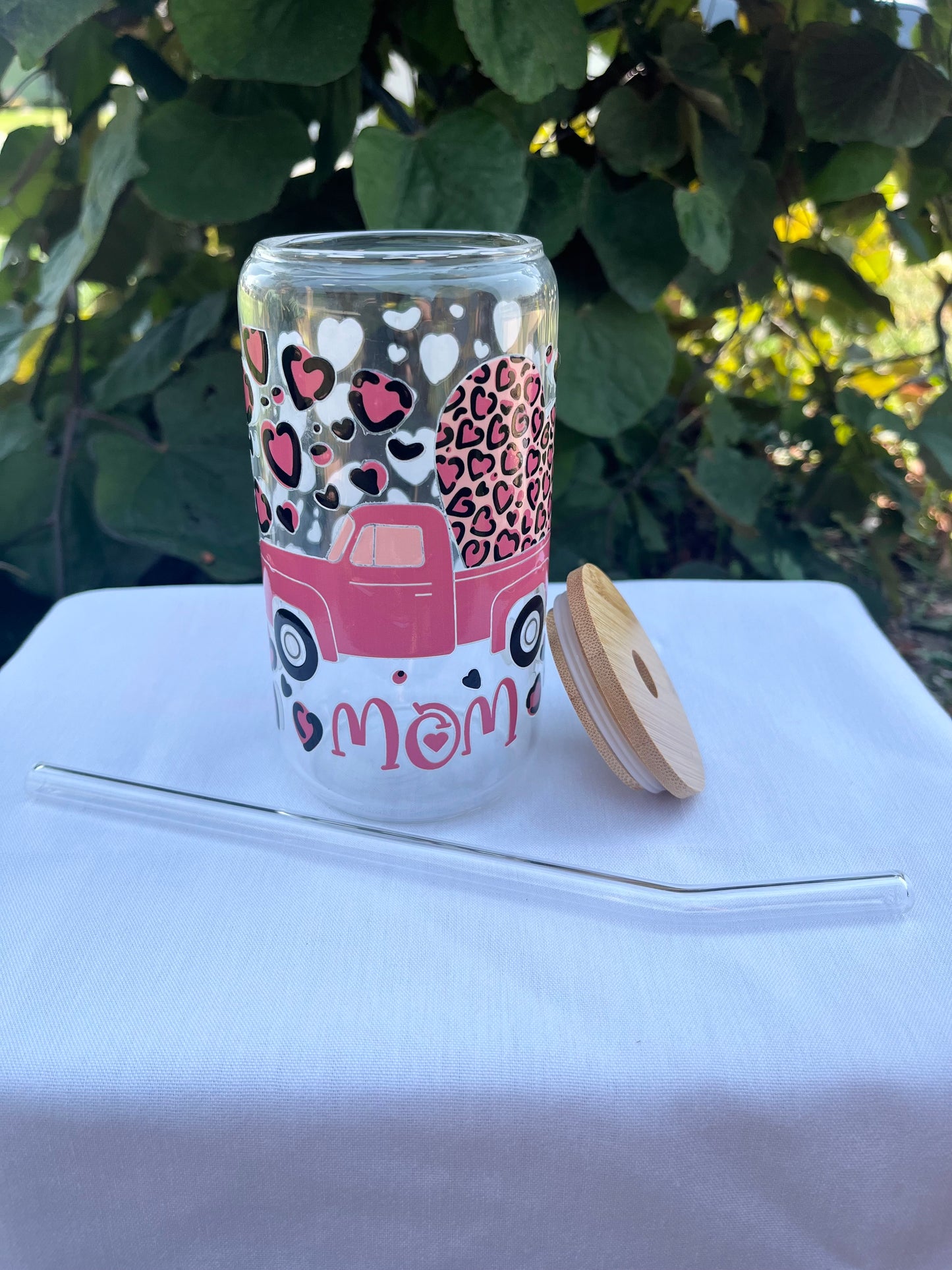 Pink Mom Truck Leopard Glass Cup