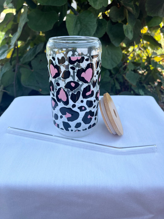 Black & Pink Leopard Glass Cup