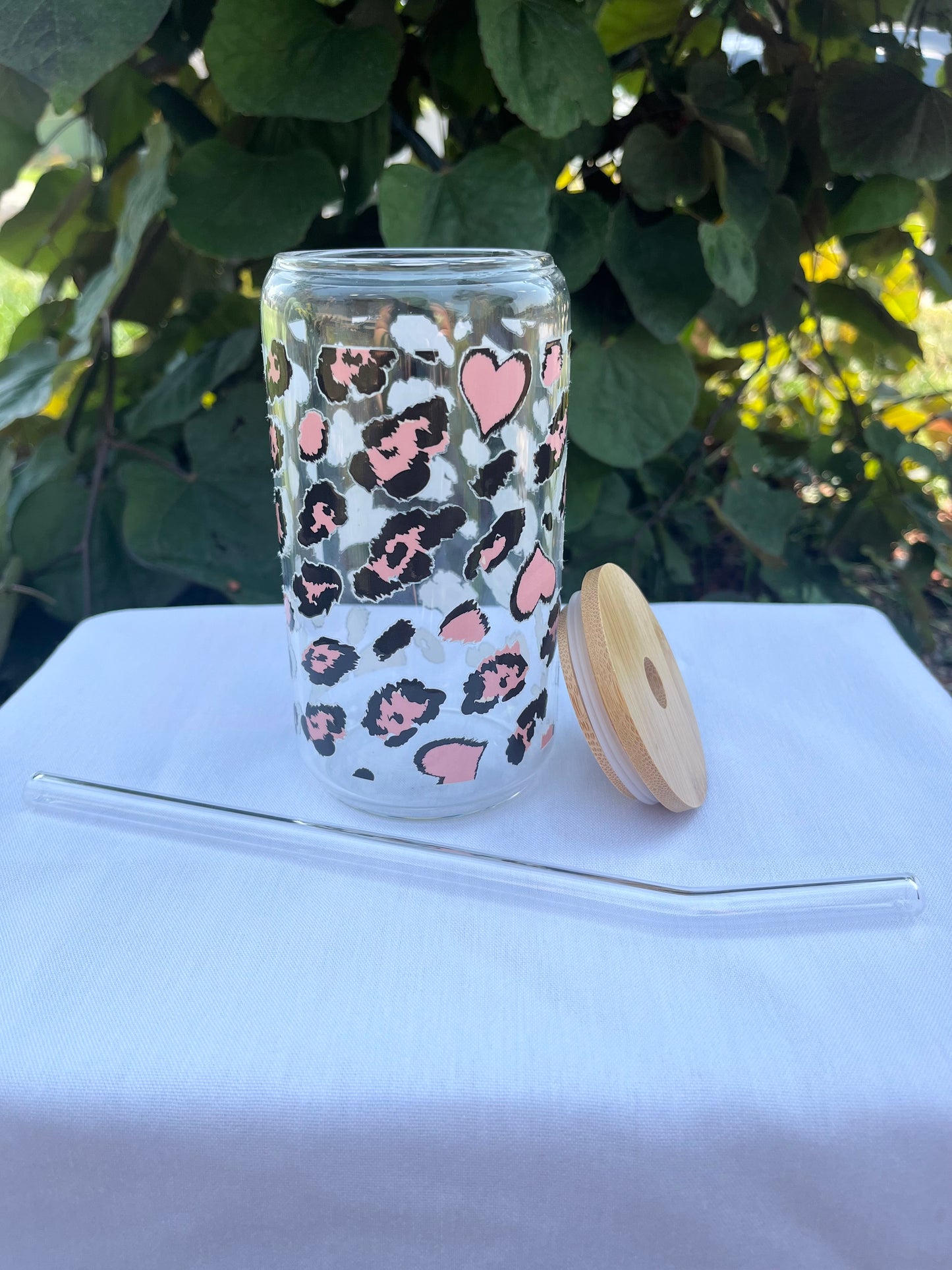 Pink & Black Leopard Glass Cup