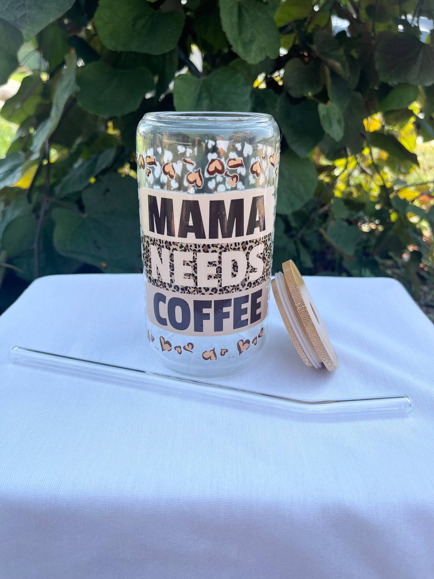 Mama Needs Coffee Leopard Glass Cup