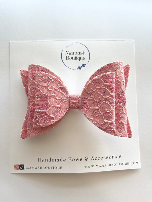 Pastel Medium Pink Glittery Laced Bow