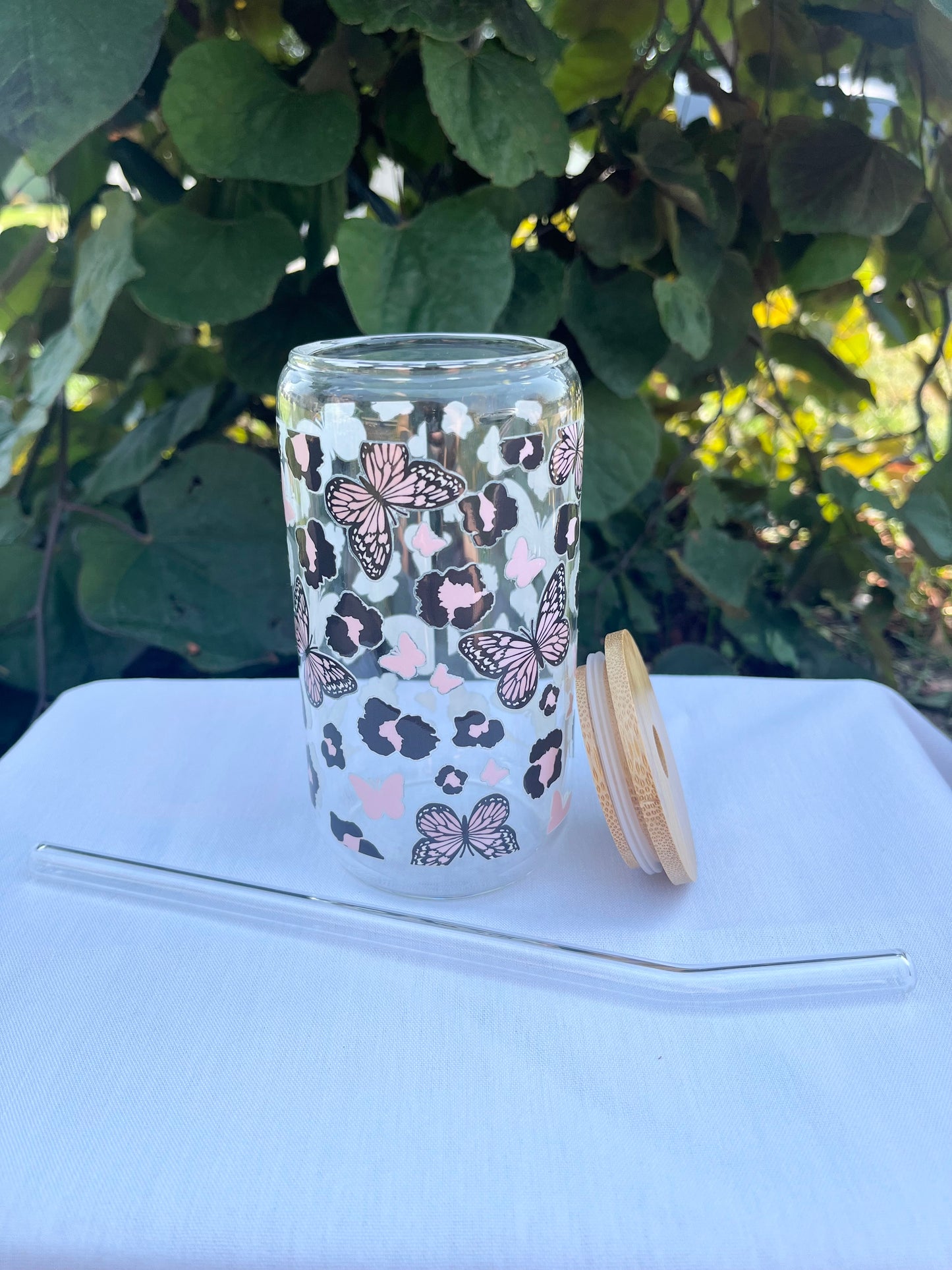 Pink & Black Butterfly Leopard Glass Cup