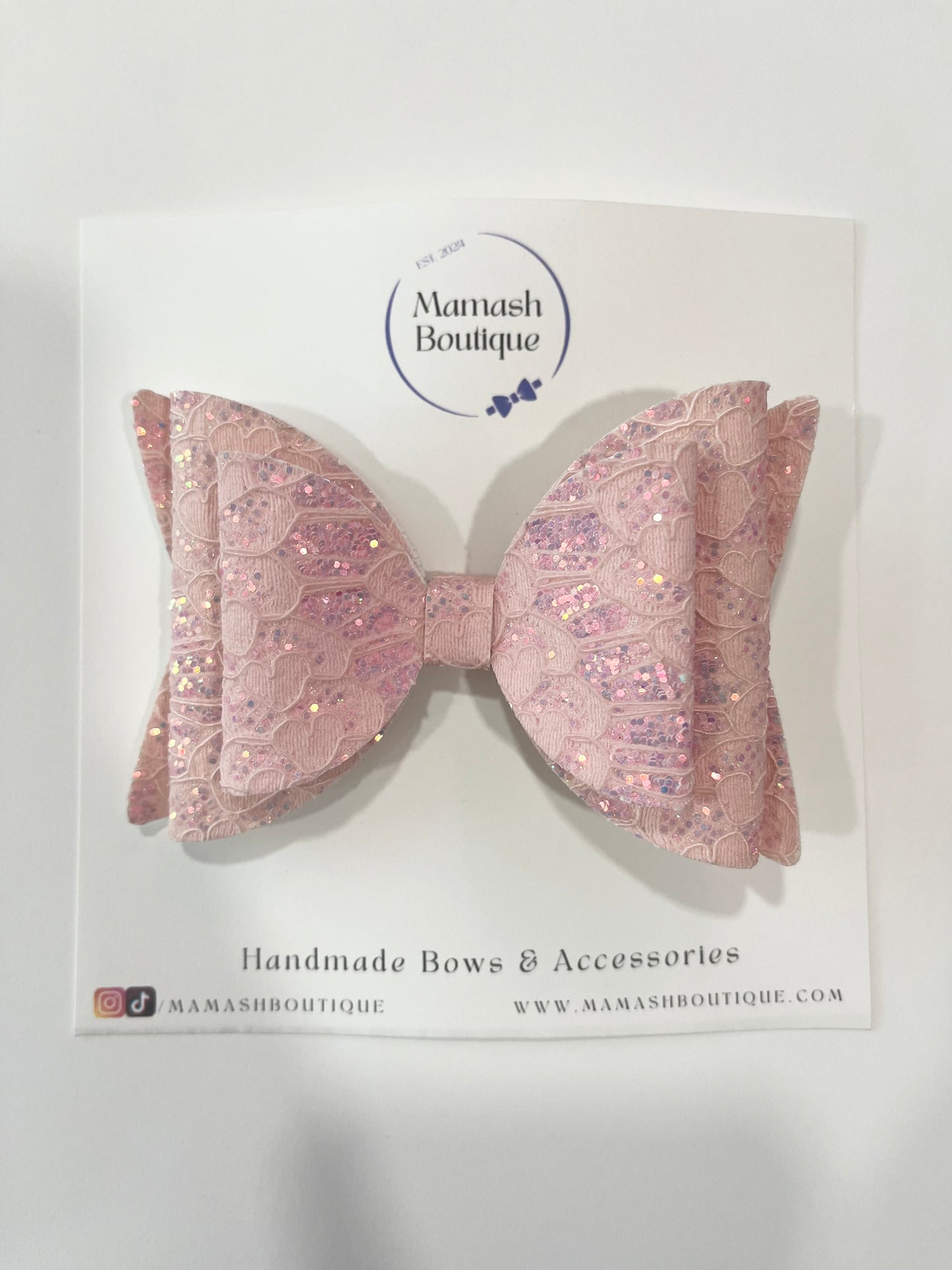 Pastel Light Pink Glittery Laced Bow